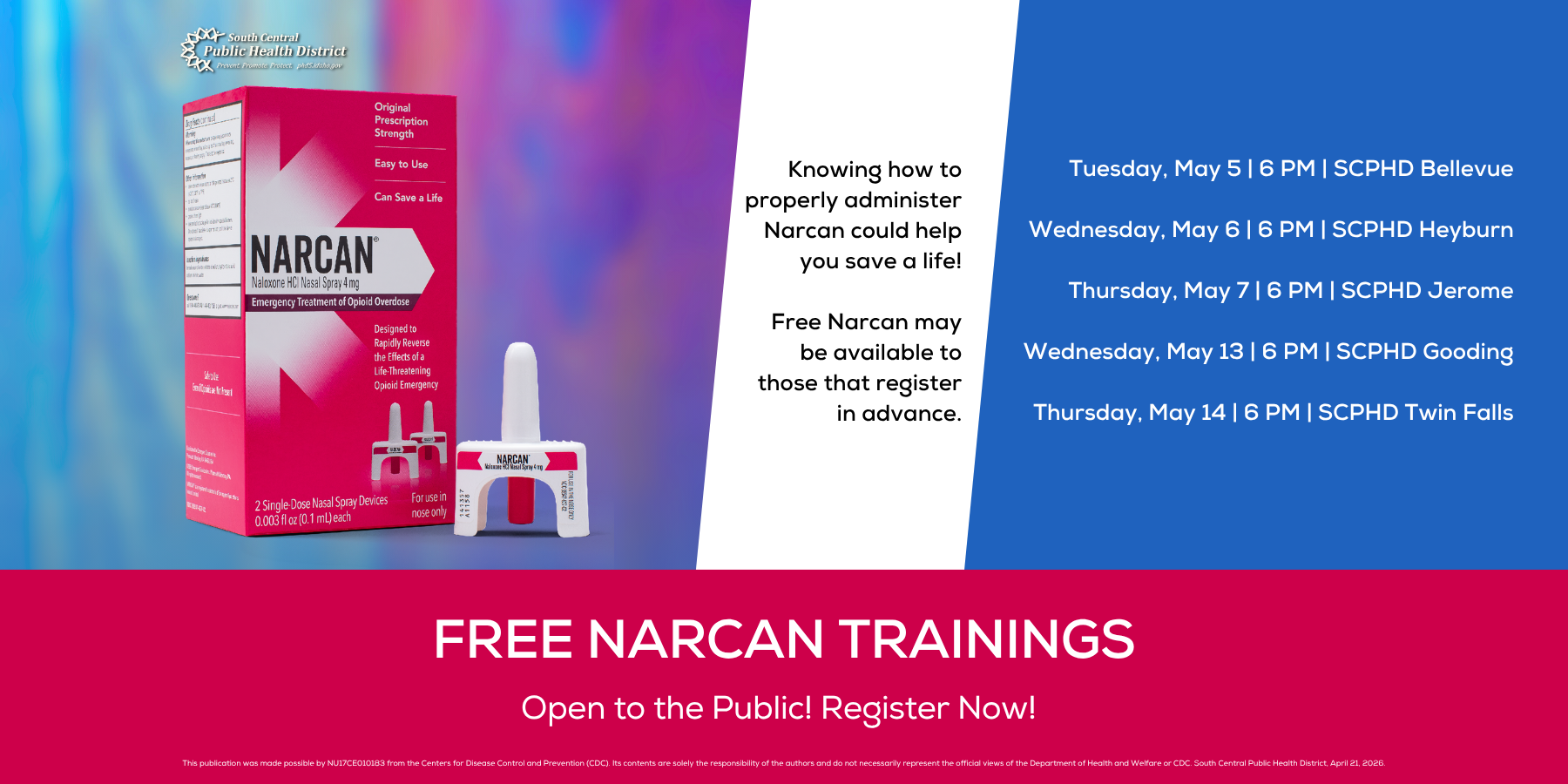 Slide linking to SCPHD Free Narcan Trainings