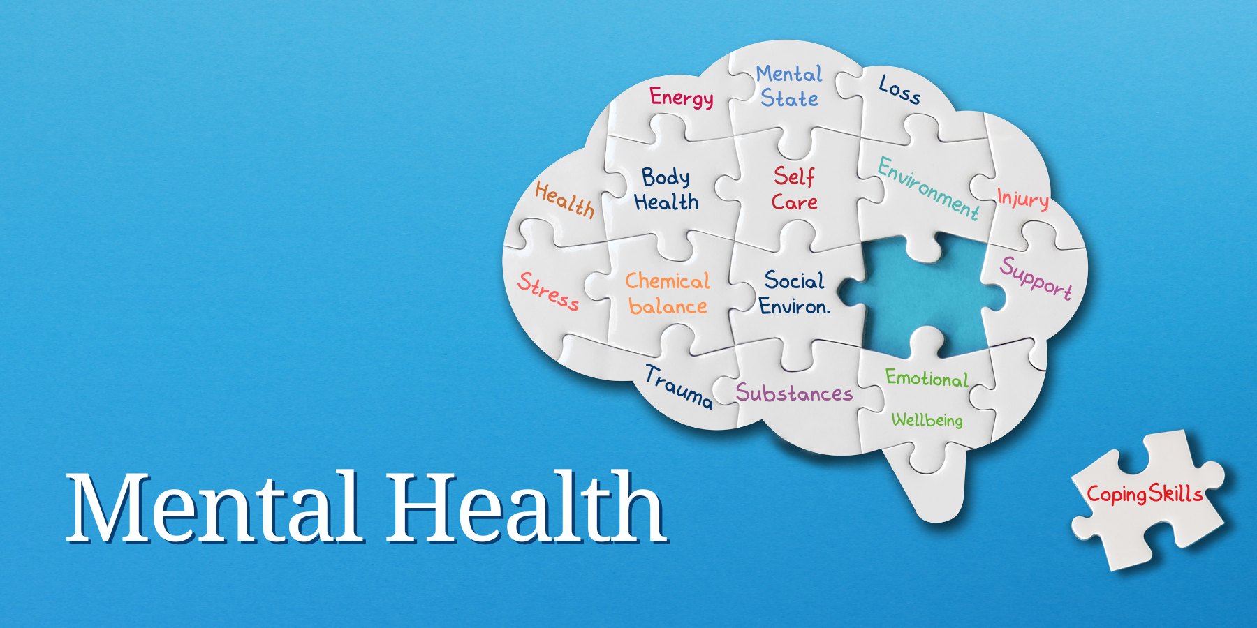 Light blue banner with the words Mental Health and a white brain. Inside the brain are words often used while discussing mental health like trauma, therapy, self-care, and more.